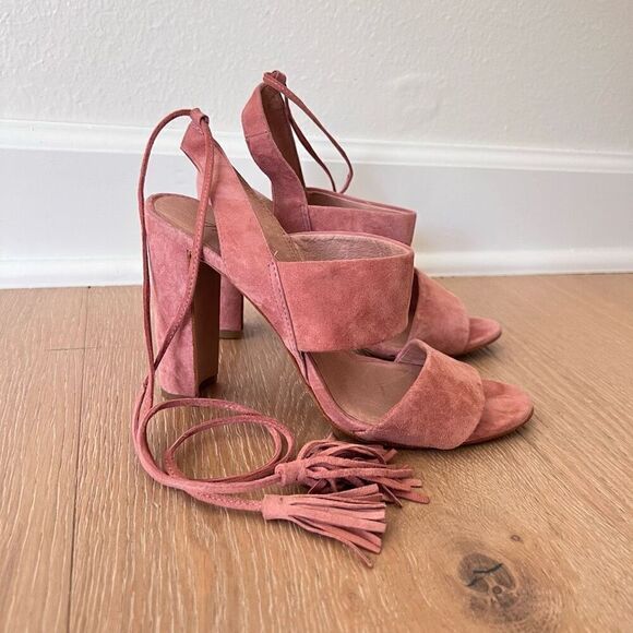 Madewell Women’s Size 7 Octavia Pink Suede Tassel Heeled Open Toe Sandals - Picture 2 of 10